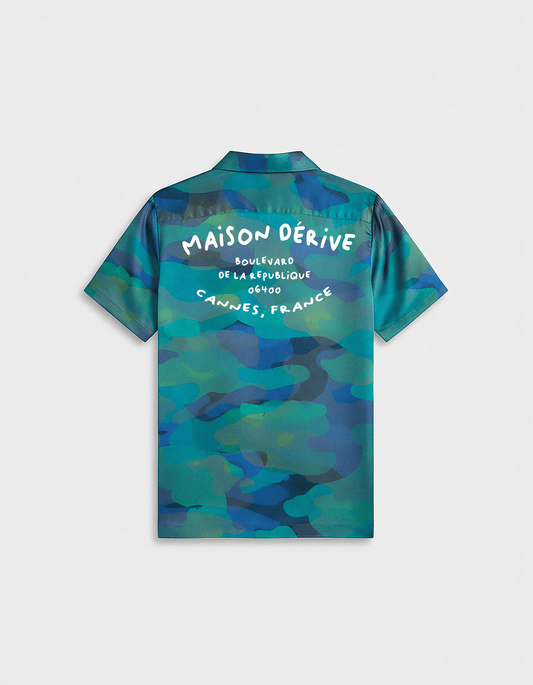 Aqua Blue ‘Camo’ Short Sleeve Silk Shirt