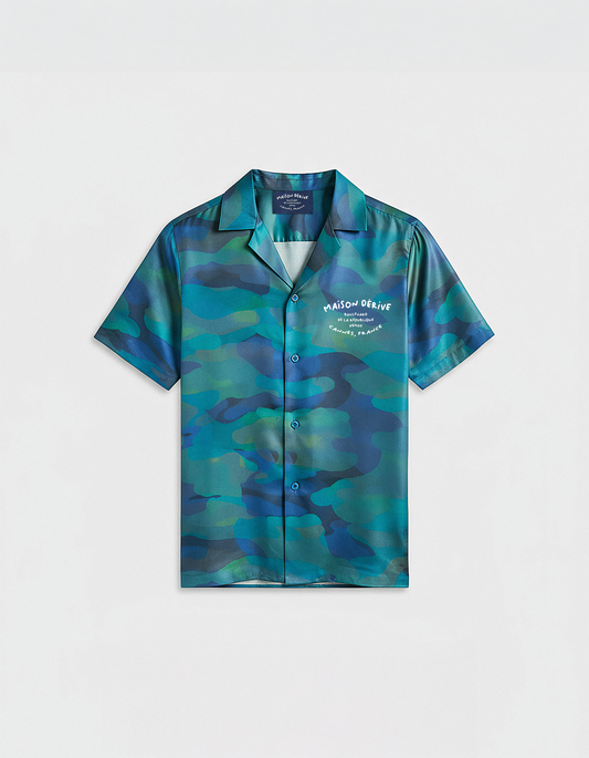Aqua Blue ‘Camo’ Short Sleeve Silk Shirt